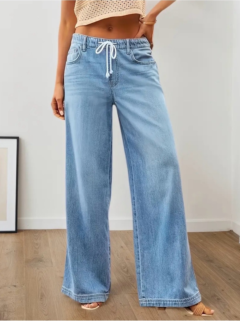 Light Blue Wide Leg Jeans with Drawstring Waist